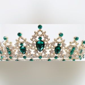 Brilliant Gold Tone Green and White Rhinestone Tiara
